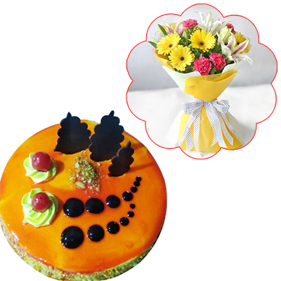 "Butterscotch Cake -500 Gms (Exotica), Mixed flowers bouquet - Click here to View more details about this Product